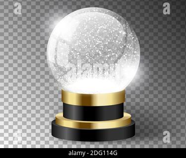 Schwarzer Vektor Schneekugel leere Vorlage isoliert auf transparentem Hintergrund. Weihnachtszauber. Glaskuppel mit goldenen Linien auf dem Ständer. Winterurlaub Stock Vektor