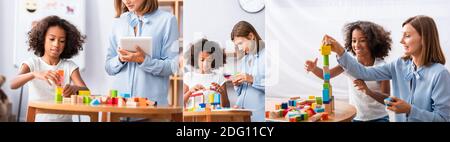Collage von Psychologen mit digitalen Tablet suchen und helfen afroamerikanischen Mädchen Gebäude Turm mit Holzblöcken im Büro, Banner Stockfoto