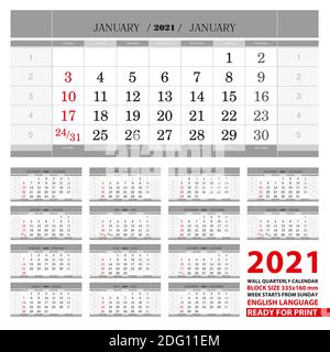2021 Wandkalender in englischer Sprache. Woche ab Sonntag. Vektorkalender. Stock Vektor