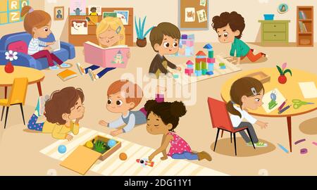 Kinder spielen mit Ziegeln und pädagogische Spiele im Kindergartenraum. Kinder spielen zusammen im Kindergarten. Poster mit dem Ort für Ihren Text. Spielzimmer Stock Vektor