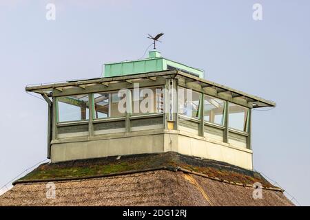 Vogelbeobachter mit Fernglas in einem Vogelturm Stockfoto