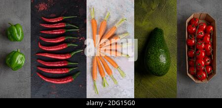 Mix Produkte Collage Paprika Karotten Avocado Kirschtomaten Chili Paprika Stockfoto