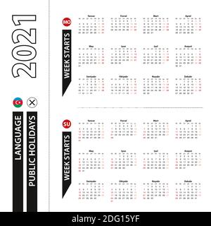 Zwei Versionen des Kalenders 2021 in Aserbaidschanisch, die Woche beginnt von Montag und die Woche beginnt von Sonntag. Vektorvorlage. Stock Vektor