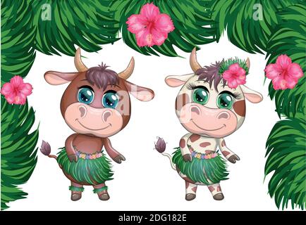 Ein Paar niedliche Cartoon-Stier und Kuh mit schönen Augen ist die Figur eines hawaiianischen Hula-Tänzerin zwischen Blättern, Blumen. Lustiger Bullen-Tanz. 2021 Jahre Stock Vektor