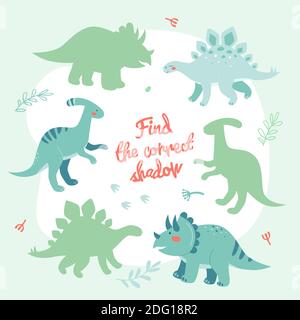 Lernspiel mit Dinosauriern - flaches Design-Stil Poster. Suchen Sie die richtige Schattenaufgabe. Prähistorische Zeiten, Infografiken für Kinder Idee. Bunte ima Stock Vektor
