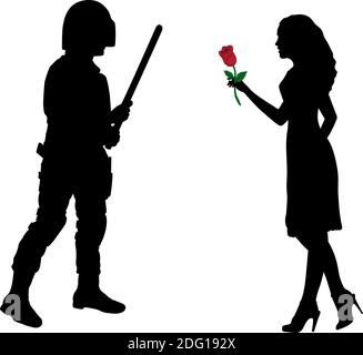 Silhouettea Frau gibt Blume zu Polizist. Symbol für die Abbildung Stock Vektor