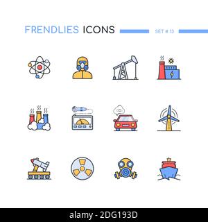 Kernelemente - modernes Liniendesign Stil Icons gesetzt. Ölindustrie und Umwelt Idee. Bilder von einem Kraftwerk, Pumpe, Atom, Strahlungsdetektor, Auto Stock Vektor