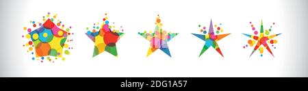 Set von bunten Sternen. Star Shape Kollektion. Kreative Grafik, weißer Hintergrund. Dekorative Blasen, farbige Textur, helles Design. Rabattausweis. Stock Vektor