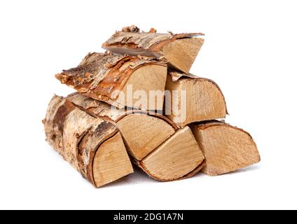 Haufen von Birke Brennholz Protokolle isoliert auf weißem Hintergrund Stockfoto