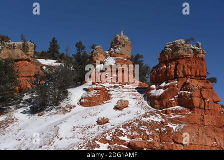 Ein wunderschön farbenprächtiges Vollformat-Bild der roten Hoodoo-Felsformationen und grünen Nadelbäume des Red Rock Canyon, Utah, bedeckt mit Schnee. Stockfoto