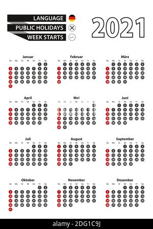 Deutscher Kalender 2021 mit Zahlen in Kreisen, Woche beginnt am Sonntag Vector Kalender 2021. Stock Vektor