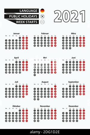 Vektorvorlage Kalender 2021 mit Zahl in Kreisen, einfacher deutscher Kalender für das Jahr 2021. Vektorgrafik. Stock Vektor