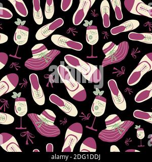 Vintage Sommer Nacht Party nahtlose Vektor-Muster Hintergrund. Design im Stil der Mitte des Jahrhunderts mit Schuhen, Hüten, Getränken auf schwarzem Hintergrund. Elegant von Hand gezeichnet Stock Vektor