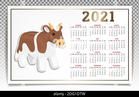 Kalender für 2021. Nach dem chinesischen Kalender, das Jahr des Ochsen. Weihnachtsfigur Aufkleber, niedlichen roten Stier mit einem Nasenring. Horizontale Bann Stock Vektor