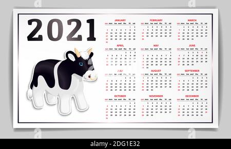Kalender für 2021. Nach dem chinesischen Kalender, das Jahr des Ochsen. Weihnachtsfigur Aufkleber, niedlichen schwarzen Stier mit einem Nasenring. Horizontale Ba Stock Vektor