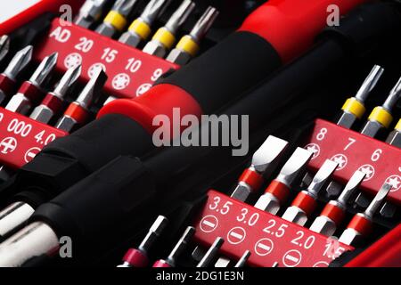 Box mit einem Satz kleiner Schraubendreherköpfe Nahaufnahme eines Mini-Kopfes. Makroansicht roter Kunststoffbehälter. Stockfoto