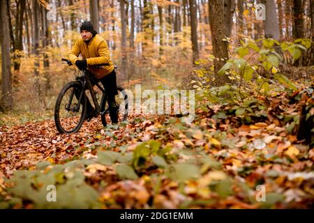 Schöner junger Mann, der beim Radfahren durch den Herbst eine Bremse zieht Wald Stockfoto