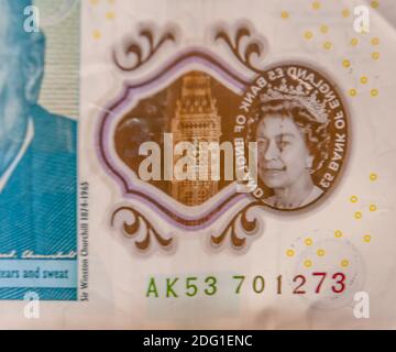 Queen Elizabeth II Ultra Makro auf fünf Pfund Banknote gedreht. Makro Stockfoto