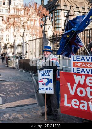 Steve Bray, bemerkte Anti-Brexit-Aktivisten, der jeden Tag vor dem Tor des Repräsentantenhauses (Palace of Westminster), London, United Ki protestiert Stockfoto