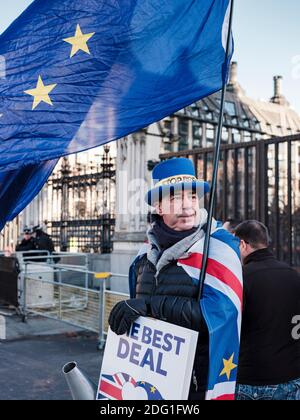 Steve Bray, bemerkte Anti-Brexit-Aktivisten, der jeden Tag vor dem Tor des Repräsentantenhauses (Palace of Westminster), London, United Ki protestiert Stockfoto