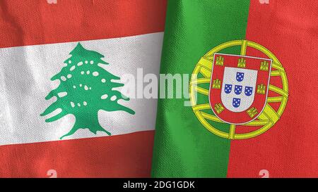 Portugal und Libanon zwei Flaggen Textil Stoff 3D-Rendering Stockfoto
