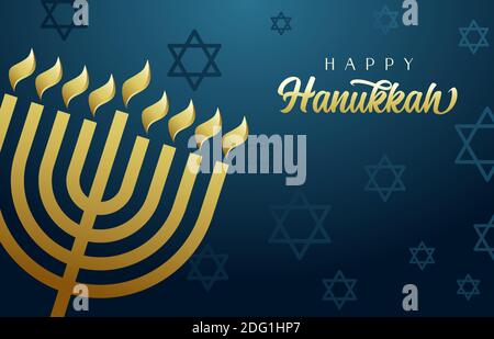 Happy Hanukkah, das jüdische Lichterfest, festlicher blauer Hintergrund mit Menora, goldenen Lichtern und David-Sternen. Vektorgrafik Holiday hanuka Stock Vektor