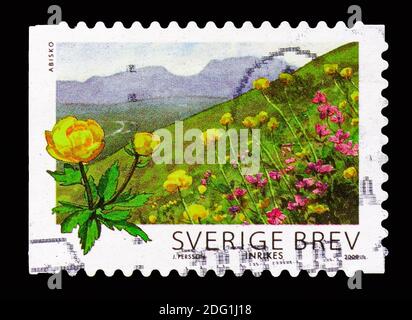 MOSKAU, RUSSLAND - 18. AUGUST 2018: Eine in Schweden gedruckte Briefmarke zeigt Globeflower (Trollius europaeus), Abisko National Park, National Parks Serie, circa Stockfoto