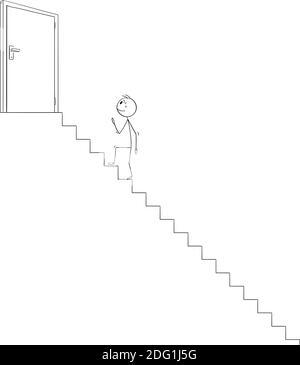 Vektor Cartoon Stick Figur Illustration von Mann oder Geschäftsmann Treppen steigen zu erreichen und öffnen Tür auf der Oberseite führt zu Erfolg oder Sieg. Karrierekonzept. Stock Vektor