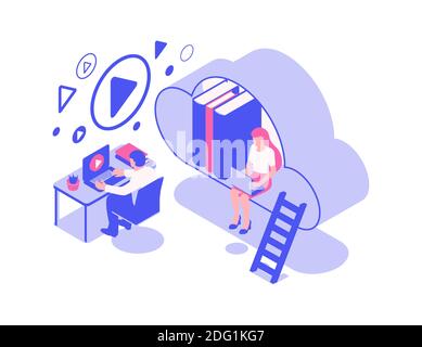 Online-Bibliothek, Cloud-Speicher mit Büchern, isometrische Vektor-Illustration Stock Vektor