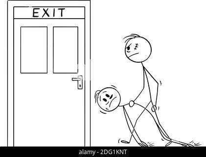 Vektor-Cartoon-Stick Figur Illustration von Türsteher oder großen rauhen Mann mit betrunkenen Männern an die Tür zu verlassen, um ihn aus dem Gebäude, Bar oder Club werfen. Stock Vektor