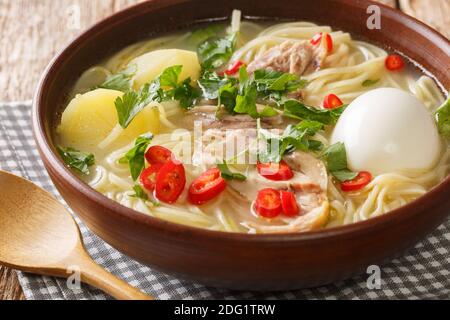 Südamerikanische Caldo de Gallina Hühnernudelsuppe mit gekochtem Ei und Kräutern in Nahaufnahme auf einem Teller auf dem Tisch. Horizontal Stockfoto