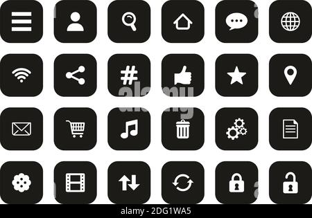 Symbolleiste Und Menüsymbole Weiß Auf Schwarz Flat Design Set Groß Stock Vektor