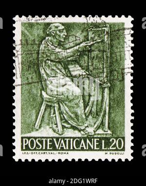 MOSKAU, RUSSLAND - 18. AUGUST 2018: Eine im Vatikan gedruckte Briefmarke zeigt Gemälde, das Werk der menschlichen Serie, um 1966 Stockfoto