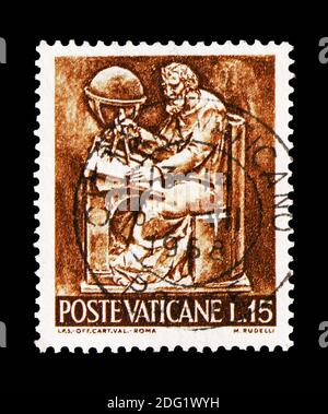 MOSKAU, RUSSLAND - 18. AUGUST 2018: Eine im Vatikan gedruckte Briefmarke zeigt die Wissenschaft, das Werk der menschlichen Serie, um 1966 Stockfoto