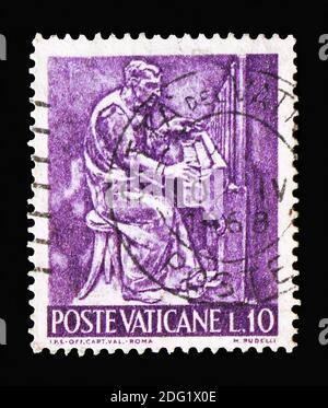 MOSKAU, RUSSLAND - 18. AUGUST 2018: Eine im Vatikan gedruckte Briefmarke zeigt Musik, das Werk der menschlichen Serie, um 1966 Stockfoto
