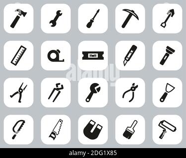 Werkzeuge Icons Schwarz & Weiß Flat Design Set Groß Stock Vektor