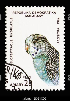 MOSKAU, RUSSLAND - 18. AUGUST 2018: Eine in Madagaskar gedruckte Briefmarke zeigt Budgerigar (Melopsittacus undulatus), Papageienserie, um 1993 Stockfoto