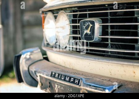 Frontgrill, Lichter und Hirsch Abzeichen eines Klassikers 70er Jahre Triumph Stag Mark 2 Sportwagen Stockfoto