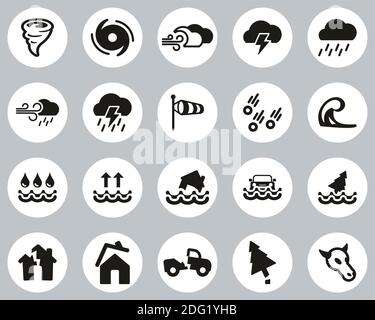 Tornado Oder Hurricane Icons Black & White Flat Design Circle Groß Einstellen Stock Vektor