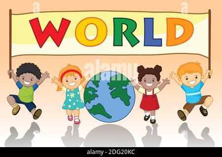Welt Kinder Happy Kids halten WELT Banner Stock Vektor