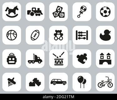Spielzeug Icons Schwarz & Weiß Flat Design Set Groß Stock Vektor