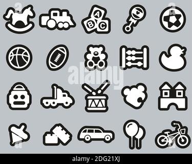 Toys Icons Weiß Auf Schwarz Sticker Set Groß Stock Vektor