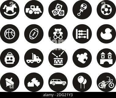 Spielzeug Icons Weiß Auf Schwarz Flat Design Kreis Set Groß Stock Vektor