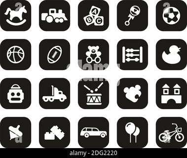 Spielzeug Icons Weiß Auf Schwarz Flat Design Set Groß Stock Vektor