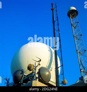 New York 1985, Kommunikationsmasten, Antennen, Radarglobus, Top of the Rock, Aussichtsplattform Rockefeller Center, New York City, NY, NYC, USA, Stockfoto