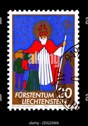 MOSKAU, RUSSLAND - 18. AUGUST 2018: Eine in Liechtenstein gedruckte Briefmarke zeigt Weihnachten, Serie, um 1981 Stockfoto