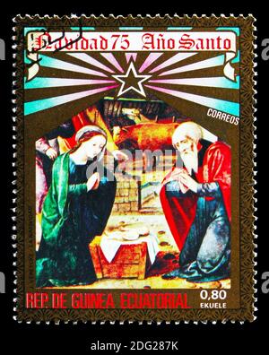MOSKAU, RUSSLAND - 18. AUGUST 2018: Eine in Äquatorialguinea gedruckte Briefmarke zeigt J. Vereycke : die Geburt, Weihnachtsserie, um 1975 Stockfoto