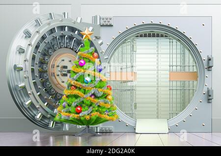 Bank Vault mit Weihnachtsbaum im Inneren, 3D-Rendering Stockfoto