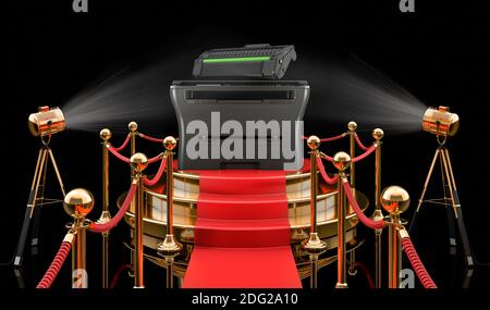 Podium mit Multifunktionsdrucker MFP, 3D-Rendering isoliert auf schwarzem Hintergrund Stockfoto