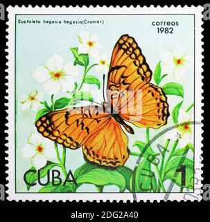 MOSKAU, RUSSLAND - 21. OKTOBER 2018: Eine in Kuba gedruckte Briefmarke zeigt mexikanische Fritillary (Euptoieta hegesia), Butterflies Serie, um 1982 Stockfoto